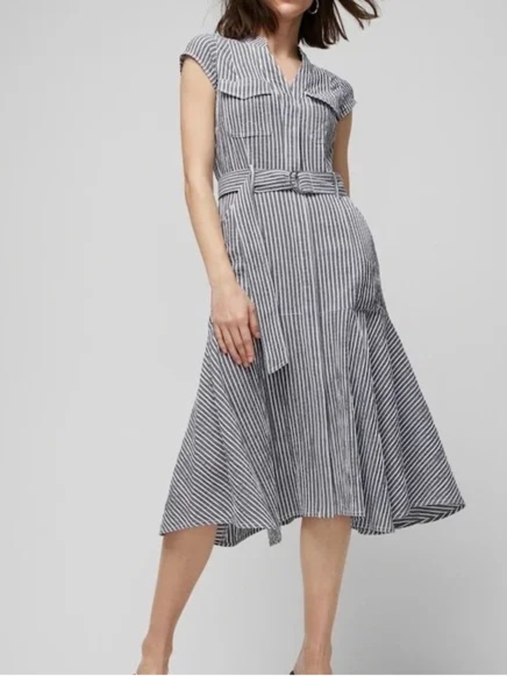White House Black Market Grey and White Striped Belted Midi Dress